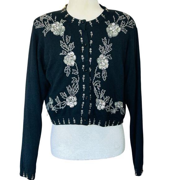 I Did It By Matthew H Beaded Cardigan Womens Medium Wool Angora Preppy Goth VTG - Picture 1 of 13